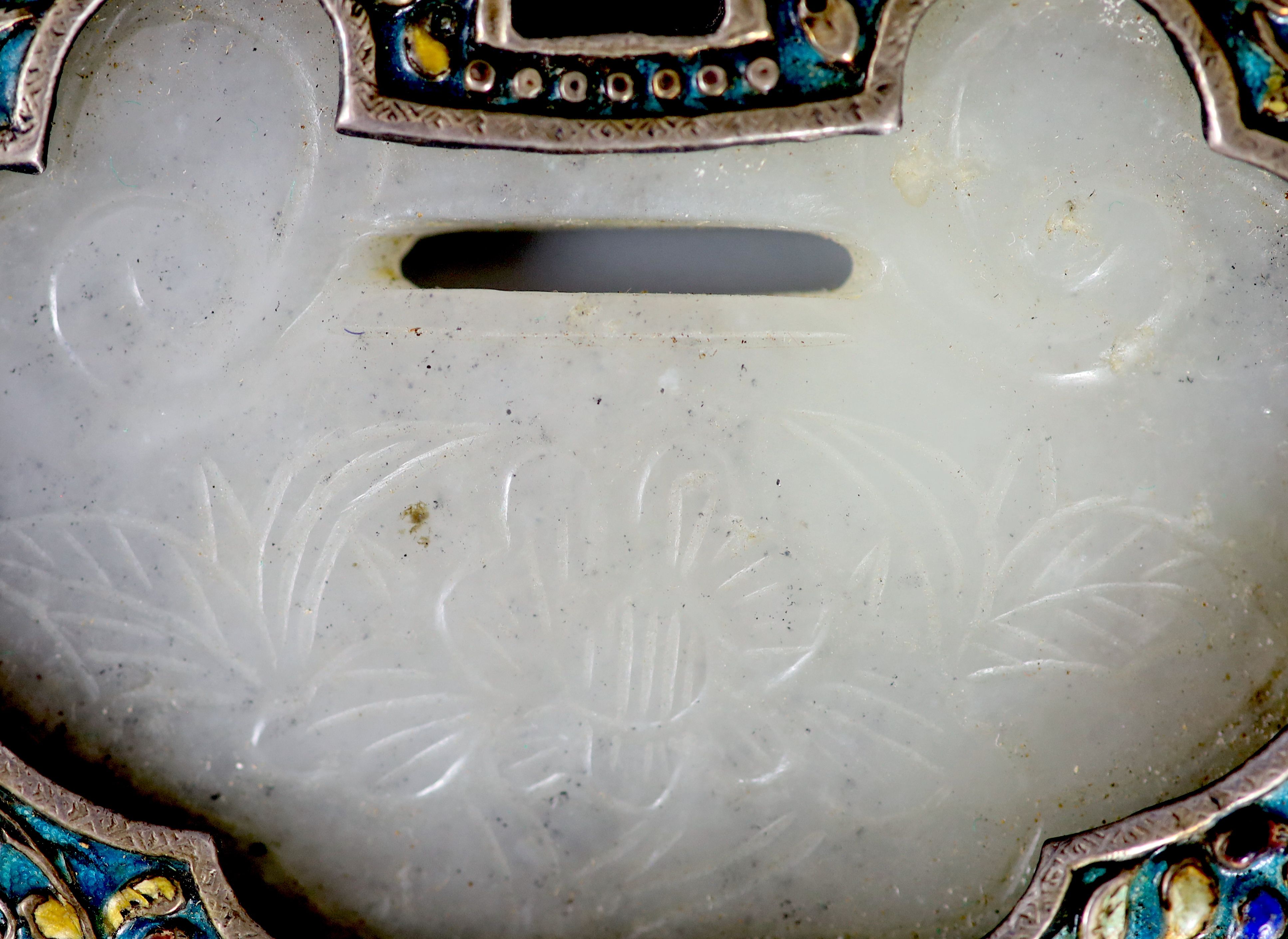 A Chinese silver and enamel mounted white jade spirit lock pendant, Provenance - A. T. Arber-Cooke